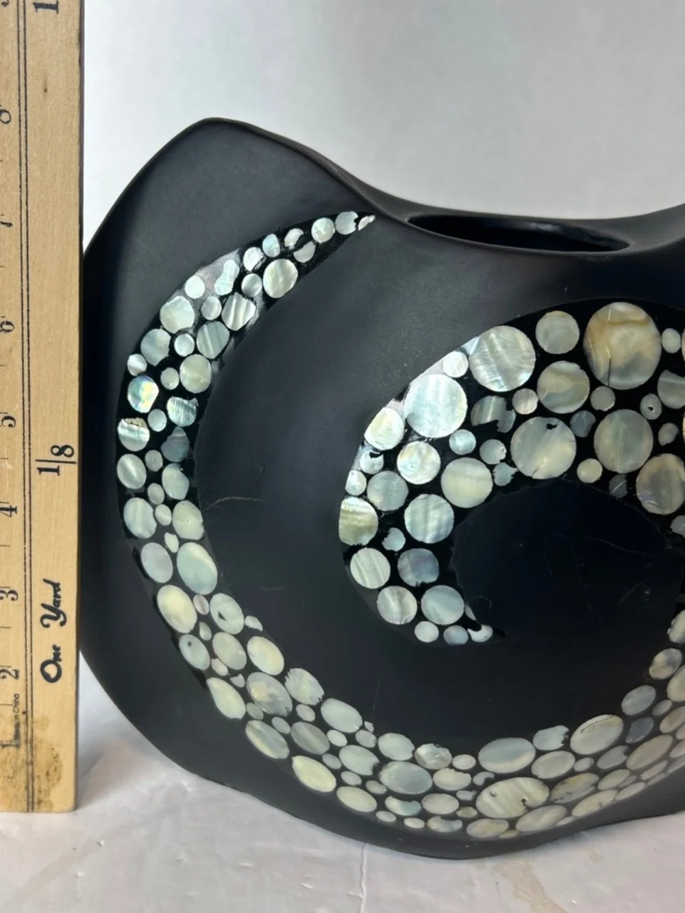 Black Ceramic Vase Vessel Intricate Mother of Pearl Inlay Swirl MCM Art Deco 8